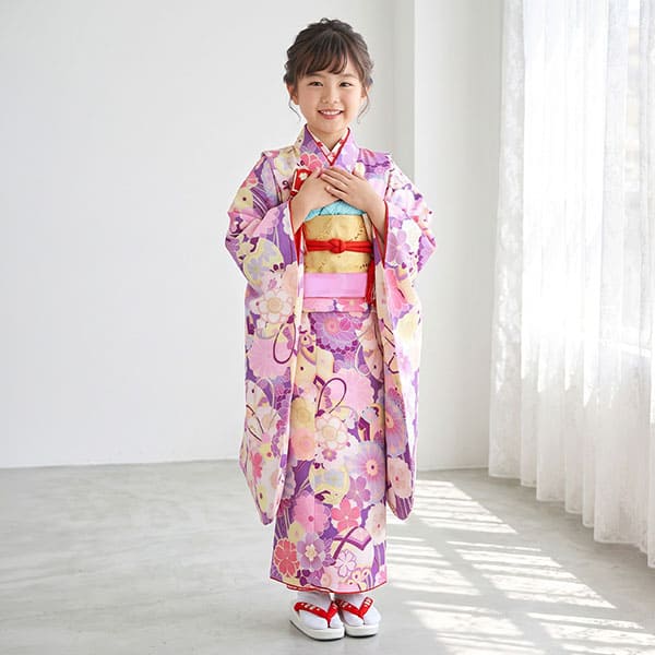 七五三用 紫色 花柄 着物 紫地に毬と花尽くしの着物／七五三・七歳女の子 | 宅配着物レンタルの