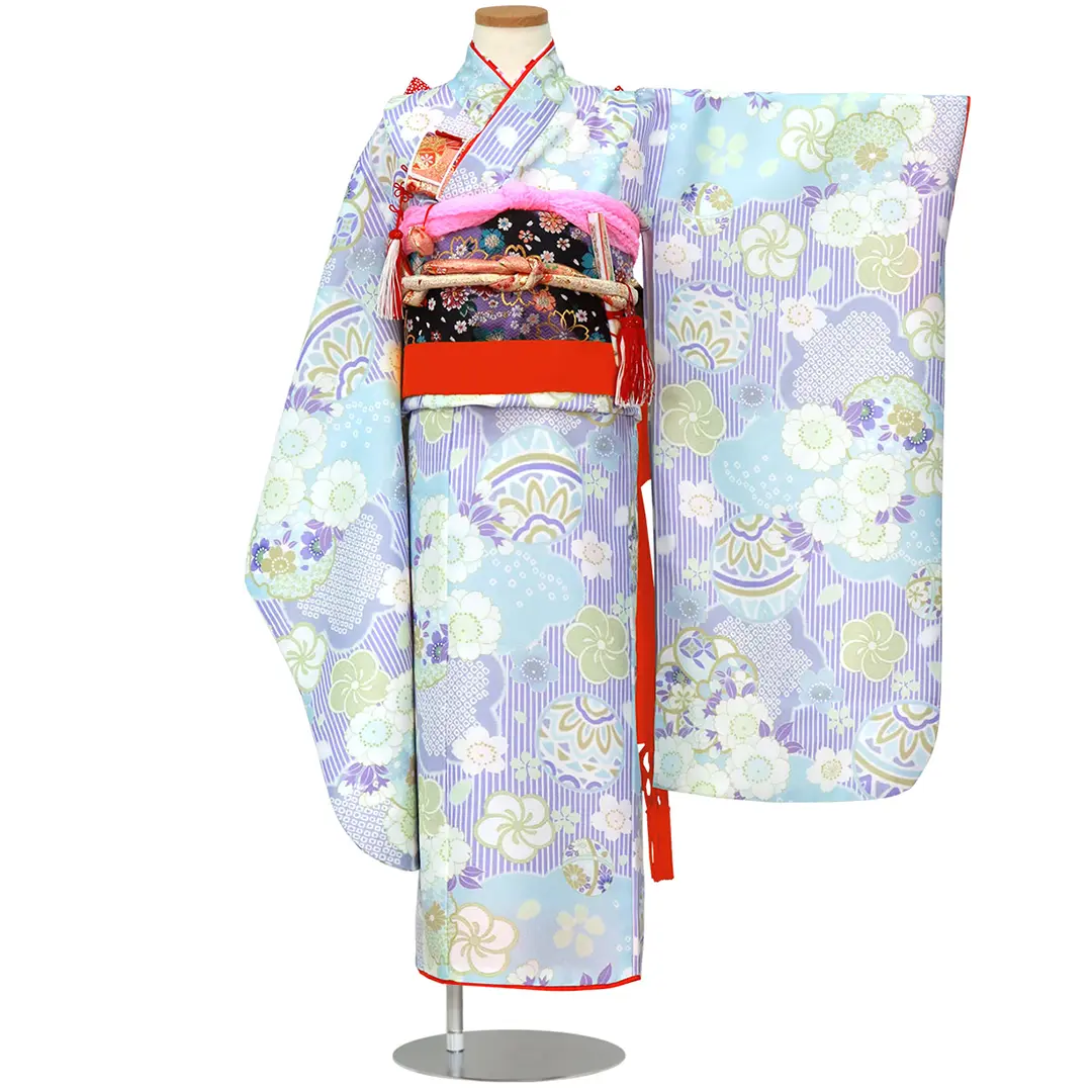 ブルーのストライプに鞠と桜の着物／七五三・七歳女の子／正面