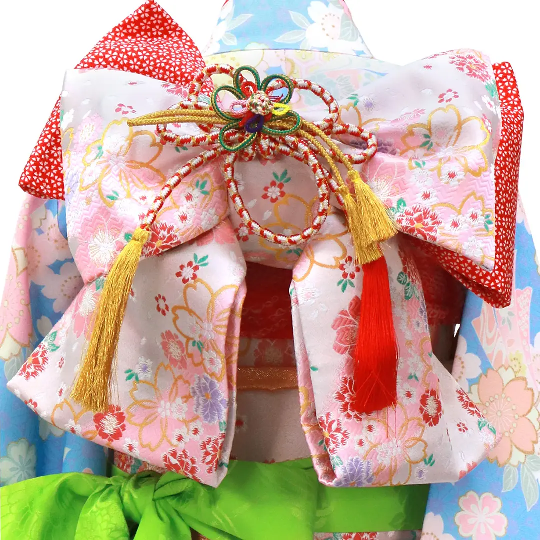 水色地に桜と束ね熨斗の着物／七五三・七歳女の子／帯