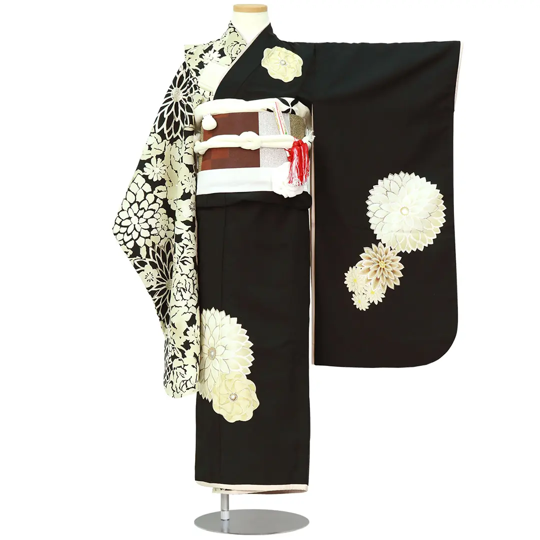 501ag70キモノのみ■七五三 七歳 女児 セミアンティーク着物 菊 JAPAN STYLE》灰白色にむじな菊の着物／七五三・七歳女の子