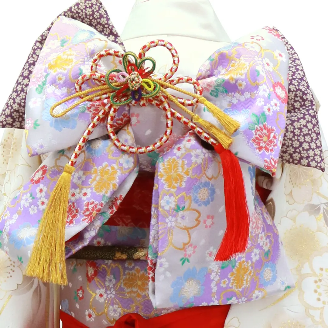 白色に菊や梅、雪輪の着物／七五三・七歳女の子／帯