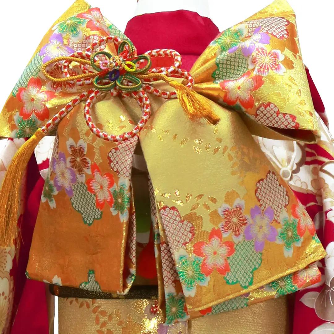 深紅色に菊や梅、雪輪の着物／七五三・七歳女の子／帯