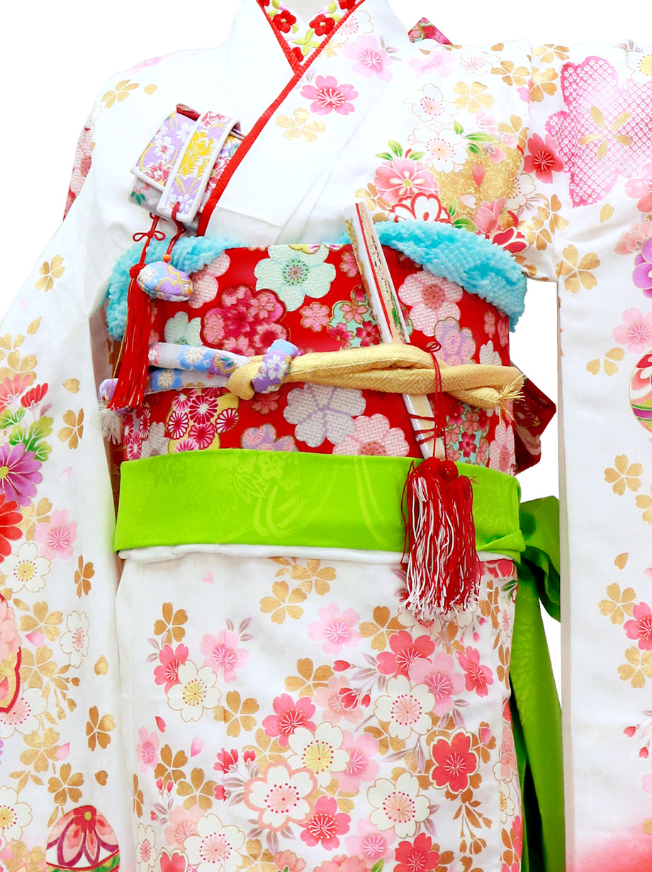 女の子七才着物　枝垂桜と鞠 七五三 着物 7歳 四つ身 単品 女の子 着付けマニュアル付き 白地