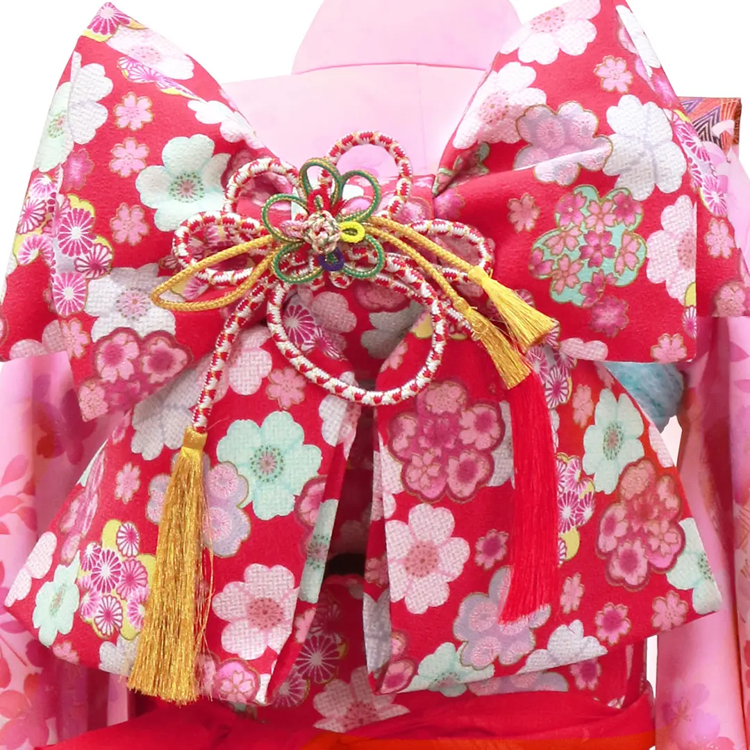 ピンク地に菊、桜と鞠の着物／七五三・七歳女の子／帯