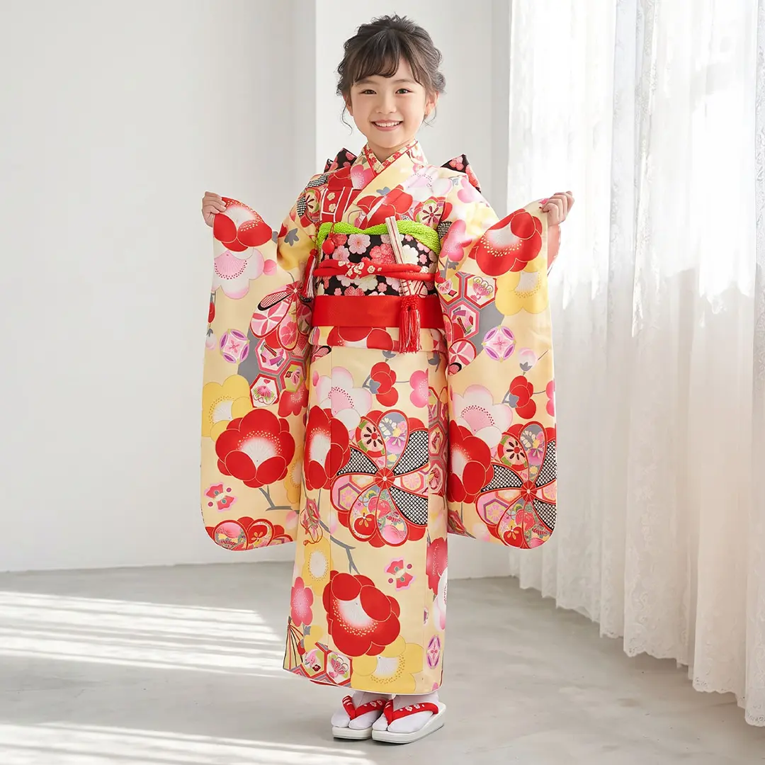 クリーム地に梅と菊、扇子に亀甲紋の着物／七五三・七歳女の子／着用イメージ
