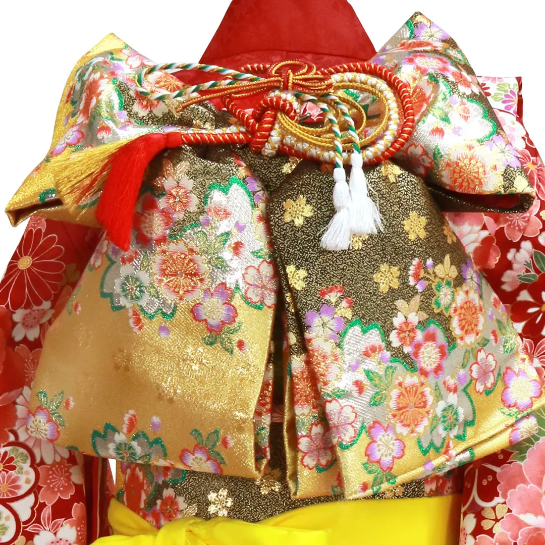 赤地に桜や四季花、花づくしの着物／七五三・七歳女の子／帯