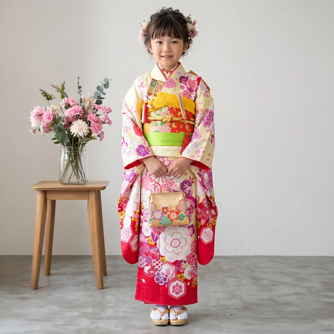 クリームイエロー地に梅や桜文様の着物／七五三・七歳女の子
