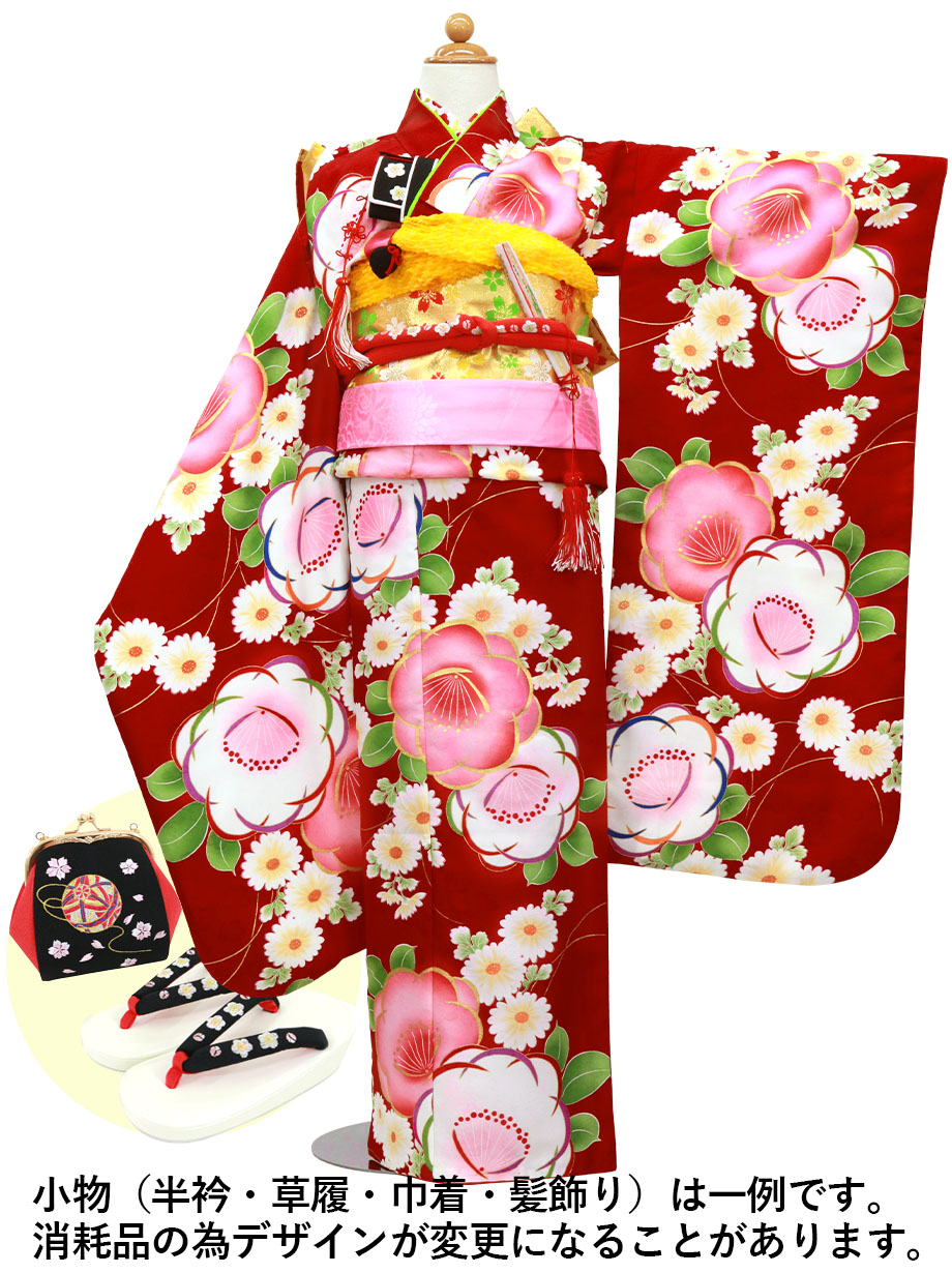 赤地にピンクと白の椿の着物/七五三・七歳女の子 | 宅配着物レンタル 赤地にピンクと白の椿の着物/七五三・七歳女の子 | 宅配着物レンタル