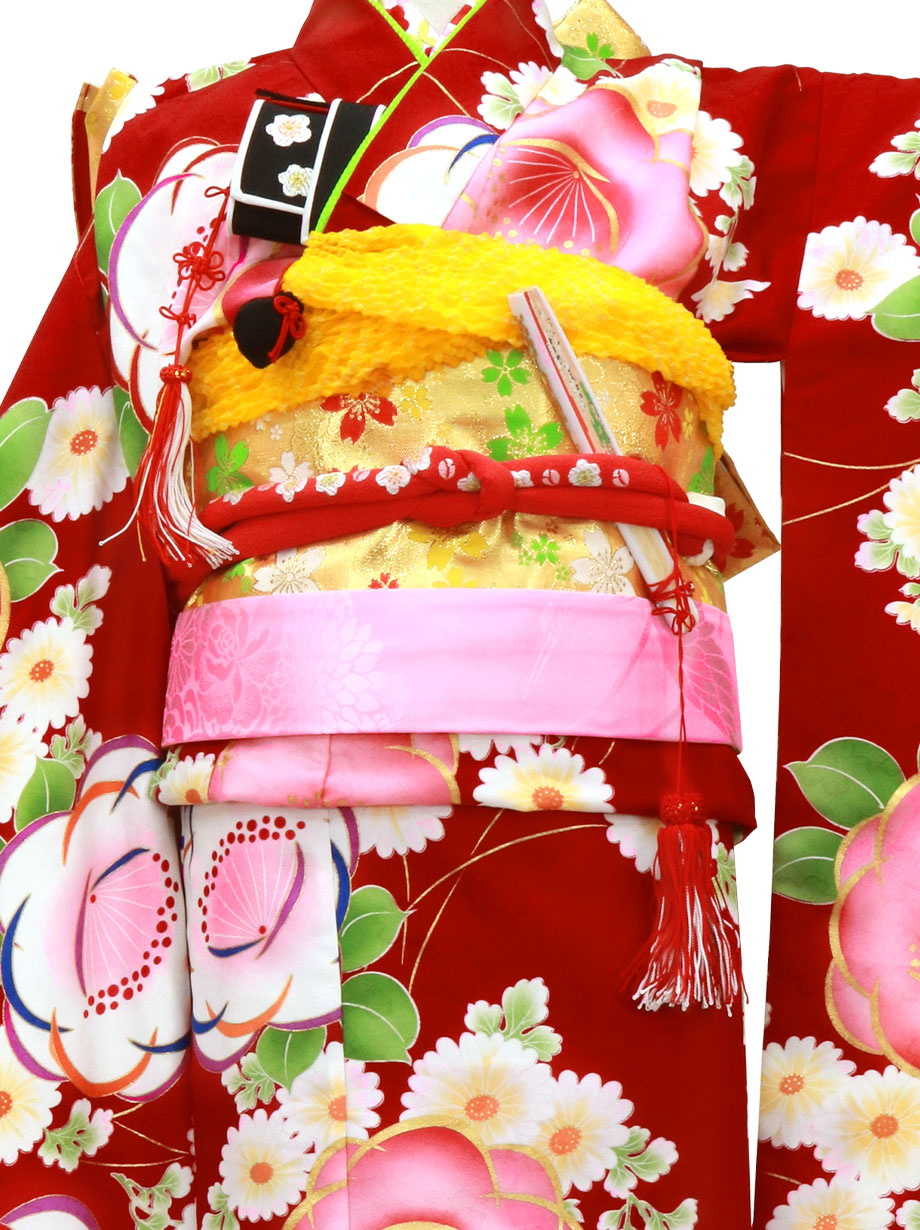 赤地にピンクと白の椿の着物／七五三・七歳女の子 | 宅配着物レンタル