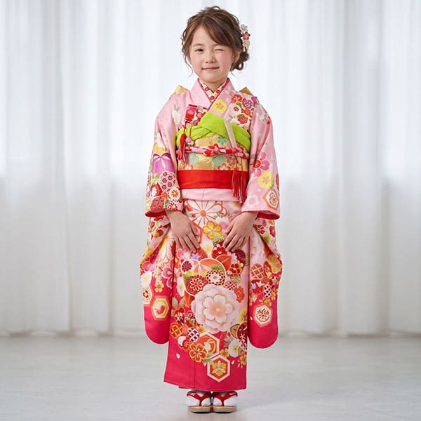 薄ピンク地に梅や桜文様の着物／七五三・七歳女の子 | 宅配着物