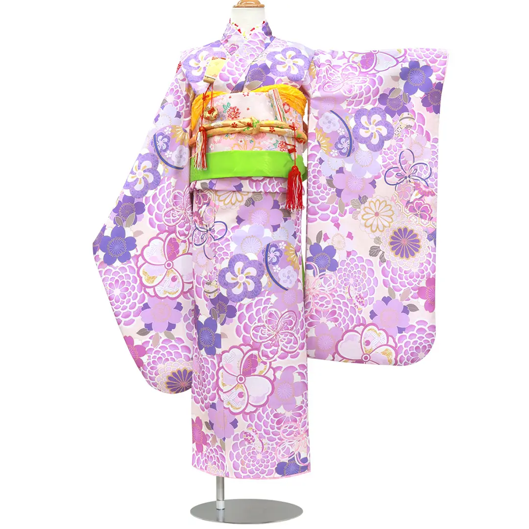 薄紫地にダリアとねじり梅の着物／七五三・七歳女の子／正面