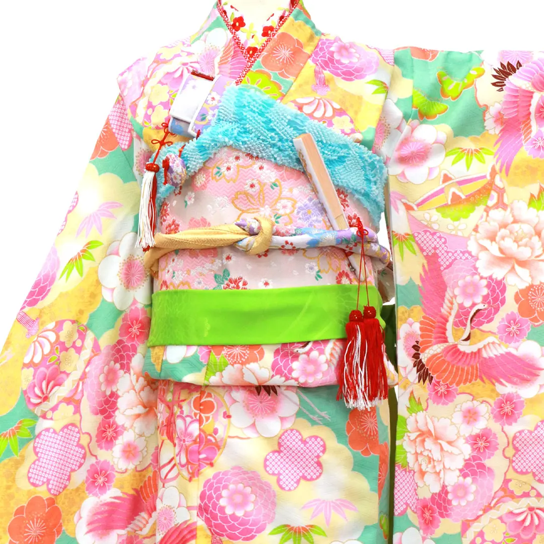 七五三　髪飾り　着物7歳　フルセット　パステル　かわいい パステルグリーンに鶴と毬の着物／七五三・七歳女の子 | 宅配着物