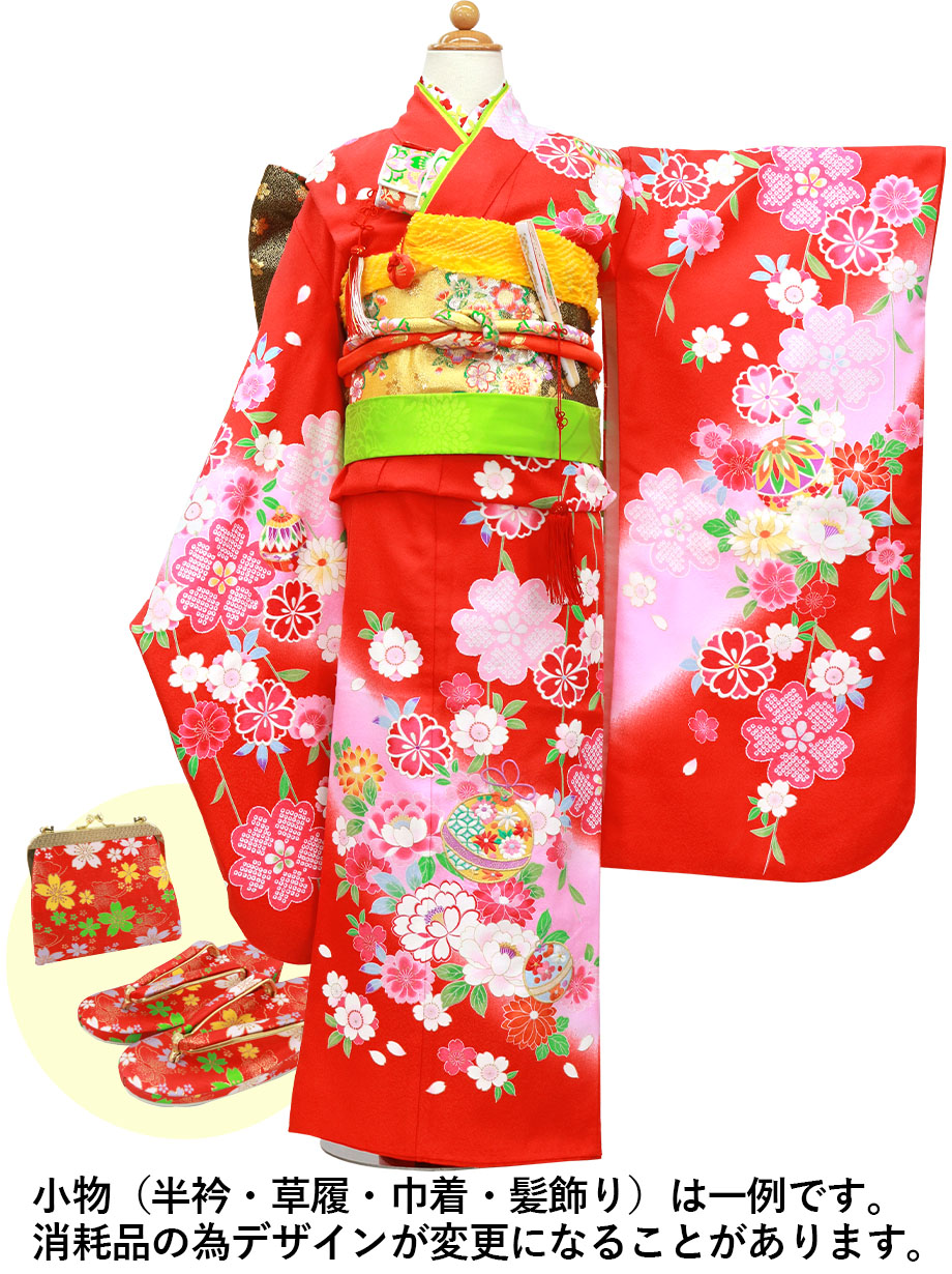 赤地に鈴と牡丹の着物／七五三・七歳女の子
