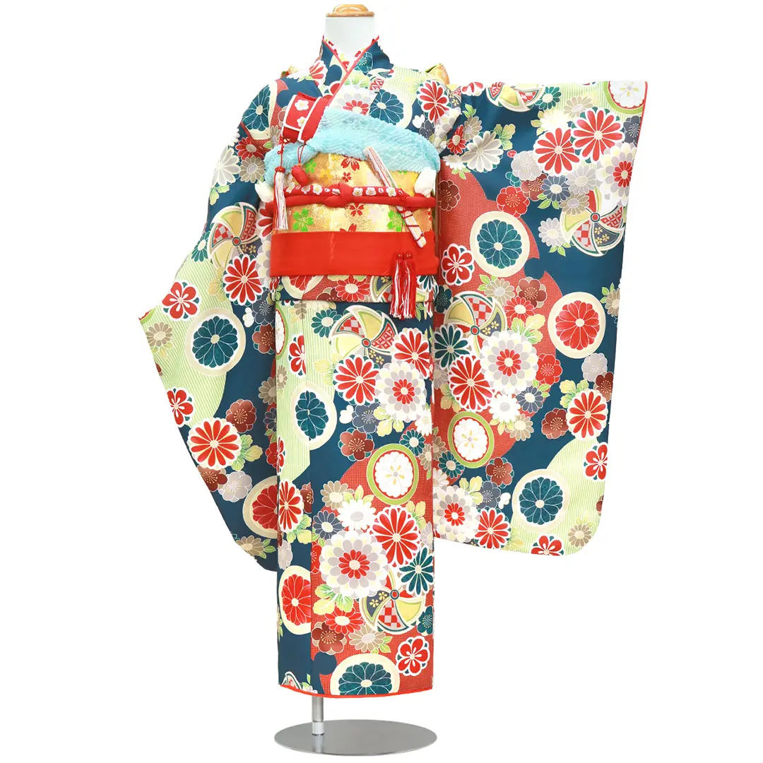 花色に赤色の花紋と風車の着物／七五三・七歳女の子 | 宅配着物