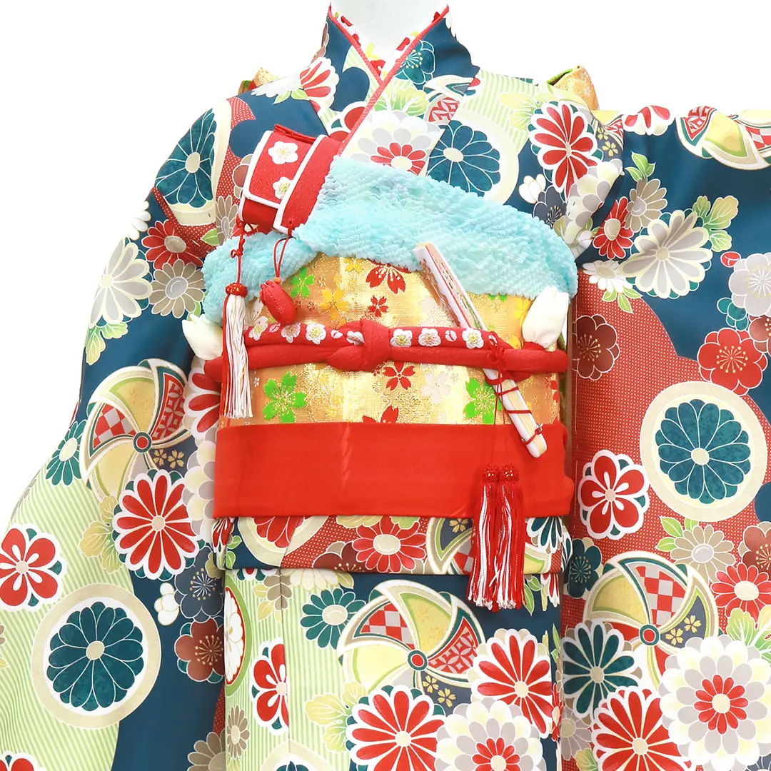 花色に赤色の花紋と風車の着物／七五三・七歳女の子 | 宅配着物