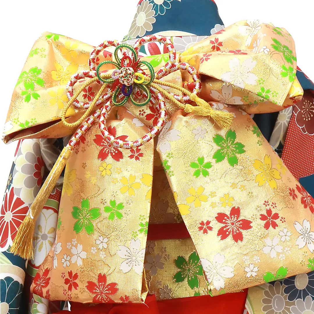 花色に赤色の花紋と風車の着物／七五三・七歳女の子 | 宅配着物