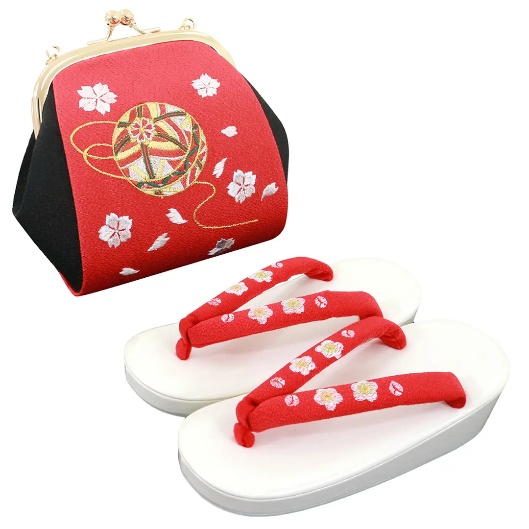 花色に赤色の花紋と風車の着物／七五三・七歳女の子／草履バッグ
