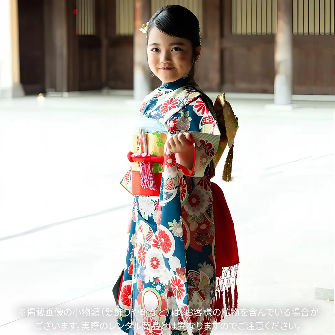 花色に赤色の花紋と風車の着物／七五三・七歳女の子 | 宅配着物