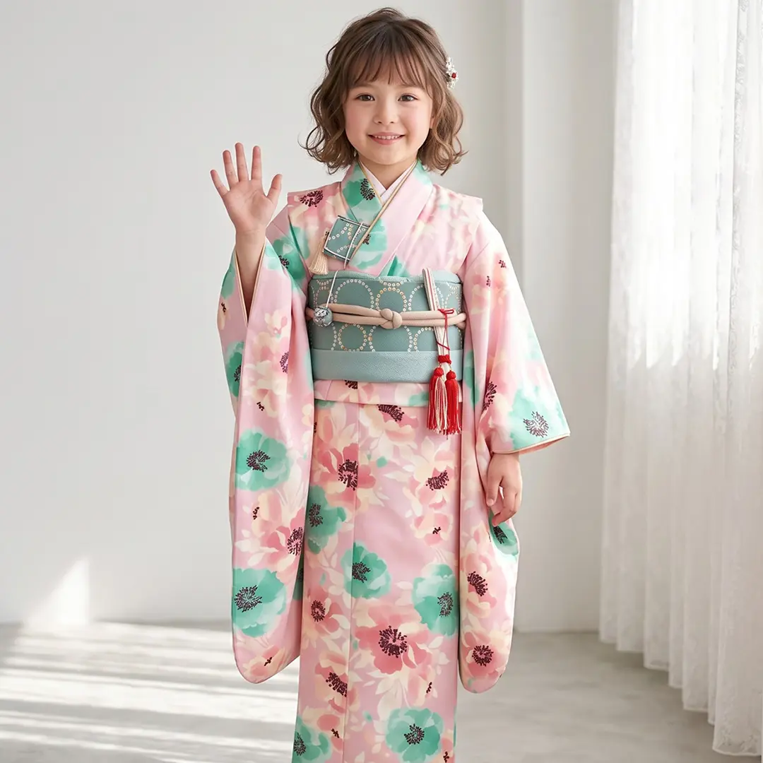 ピンク色にアネモネの着物／七五三・七歳女の子／着用イメージ