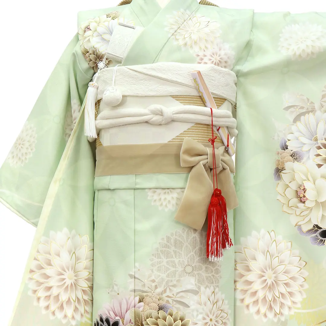 501ag70キモノのみ■七五三 七歳 女児 セミアンティーク着物 菊 JAPAN STYLE》青磁色にむじな菊の着物／七五三・七歳女の子