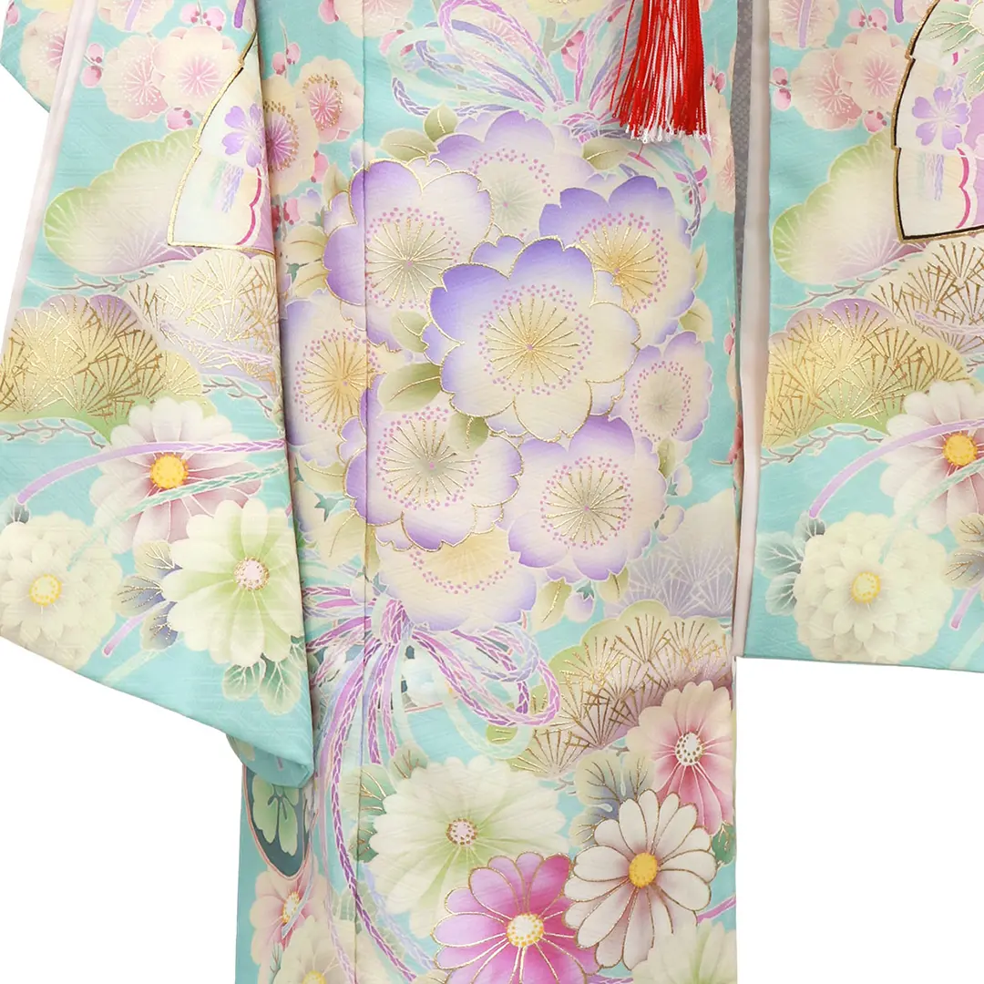 七五三着物レンタル／《華徒然》水色地に百花と扇の着物／七歳女の子