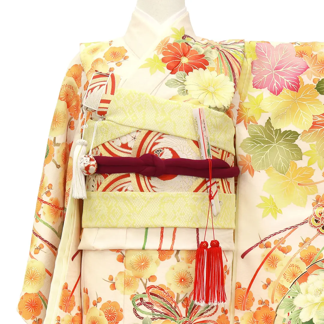七五三着物レンタル／《華徒然》クリームイエロー地に百花と扇の着物