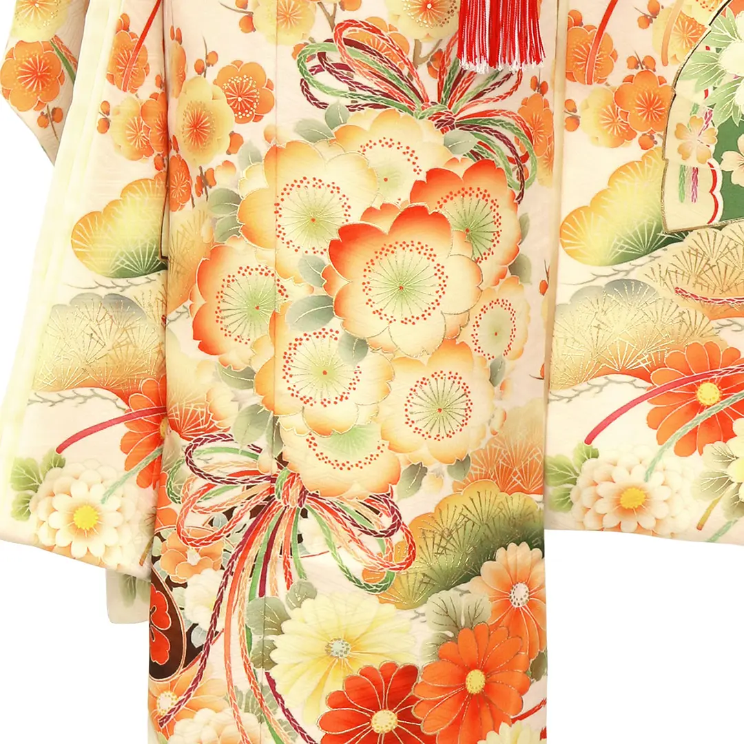七五三着物レンタル／《華徒然》クリームイエロー地に百花と扇の着物