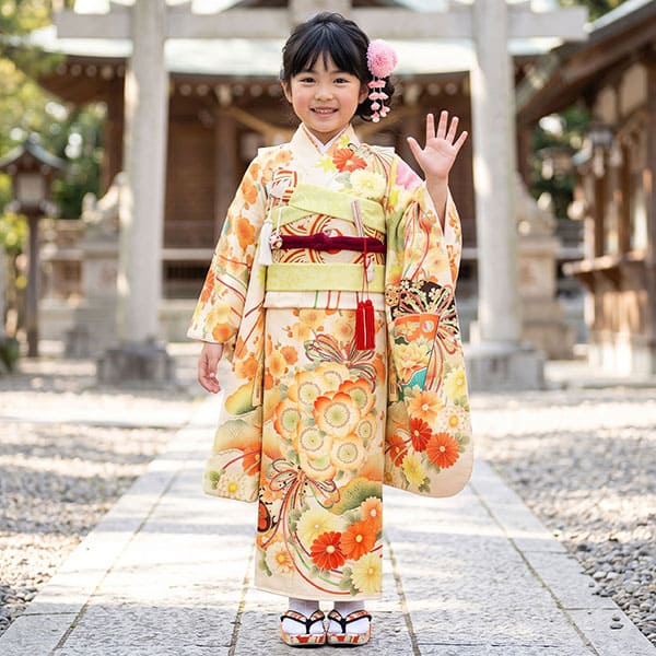 華徒然》クリームイエロー地に百花と扇の着物／七歳女の子 | 宅配着物