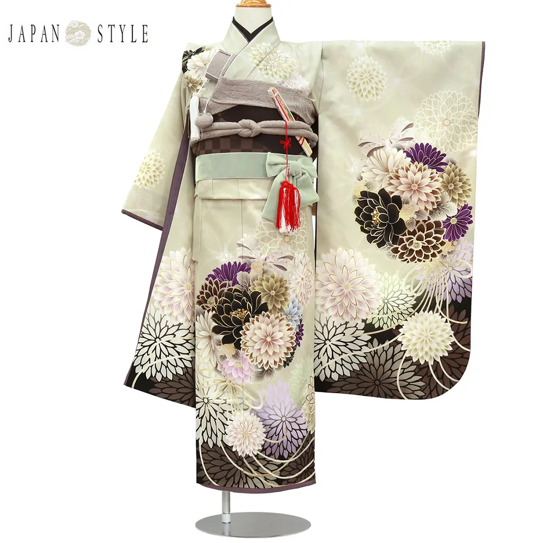 501ag70キモノのみ■七五三 七歳 女児 セミアンティーク着物 菊 JAPAN STYLE》青磁色にむじな菊の着物／七五三・七歳女の子