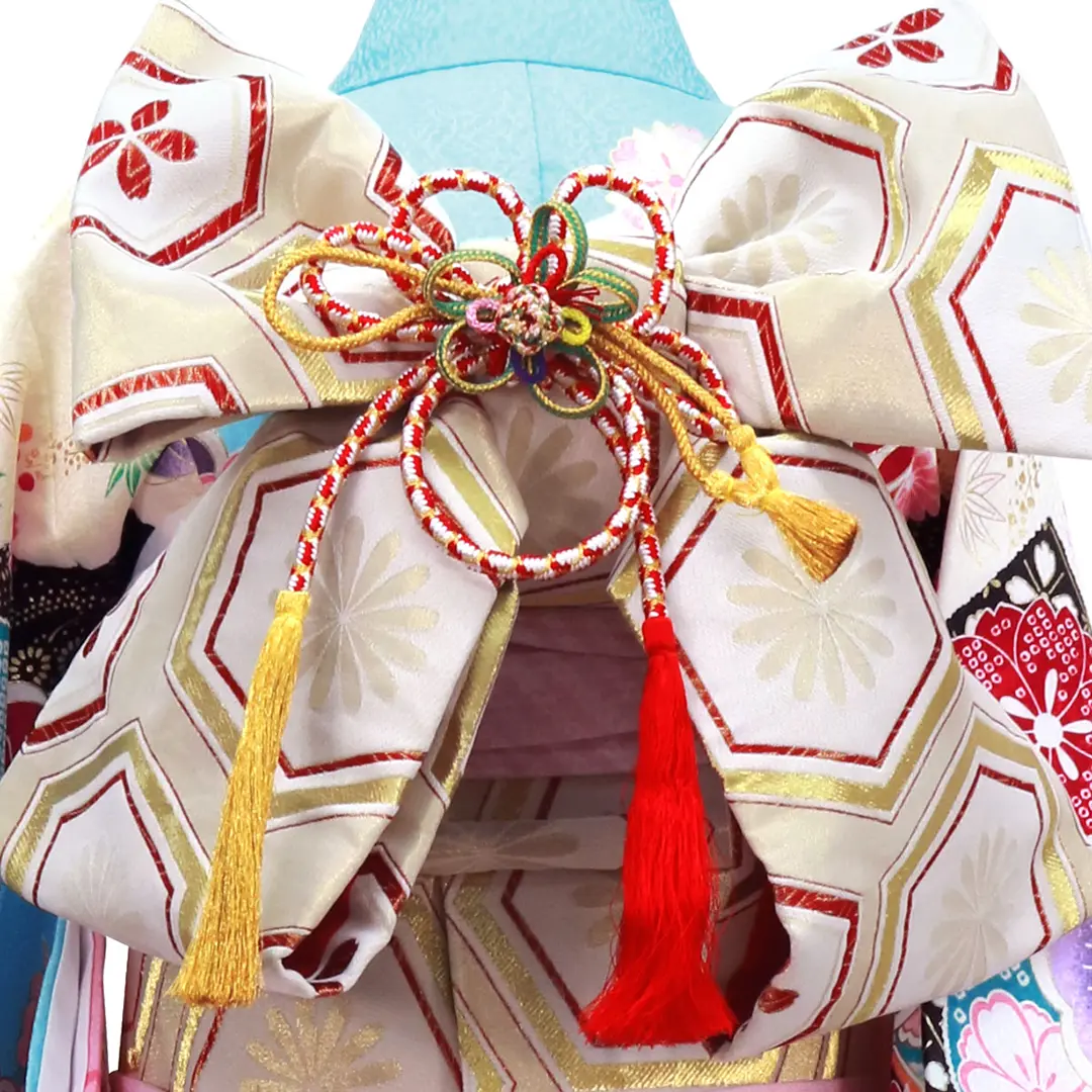 水色地に牡丹と貝桶（ピンク）／小さめサイズ／七五三・七歳女の子／帯