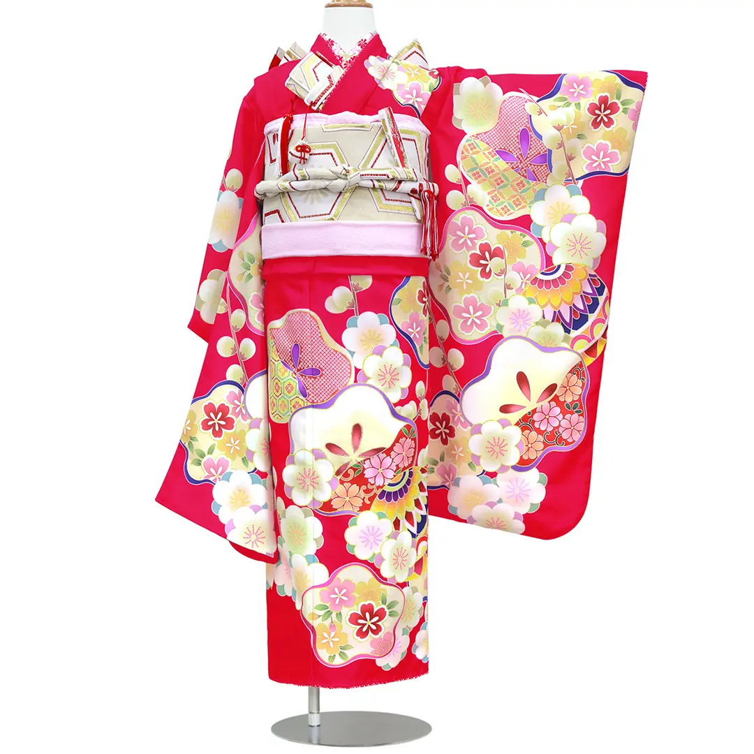 504ag71◎七五三 七歳 女児 総柄 着物&丸帯 芝梅楓 濃い朱色◎美品 赤地に梅の着物（ピンク）／七五三・七歳女の子 | 宅配着物レンタルの