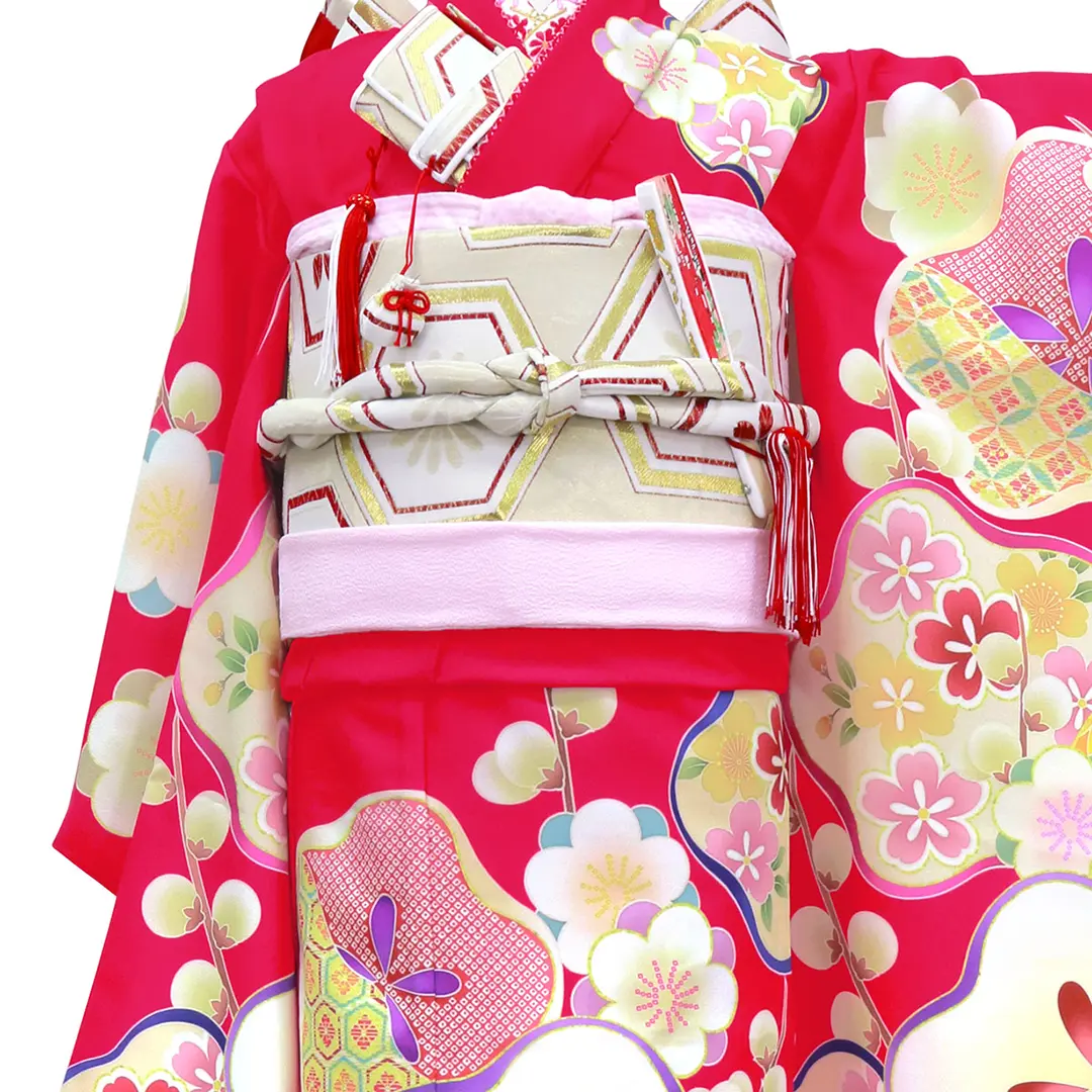 七五三 着物 ピンク 赤 サイズ45 赤地に梅の着物（ピンク）／七五三・七歳女の子 | 宅配着物レンタルの