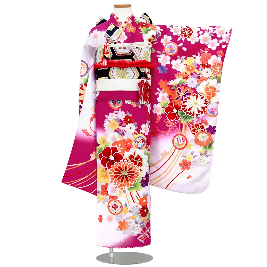 赤地と白地に百花の着物（アイボリー）／七五三・七歳女の子／正面