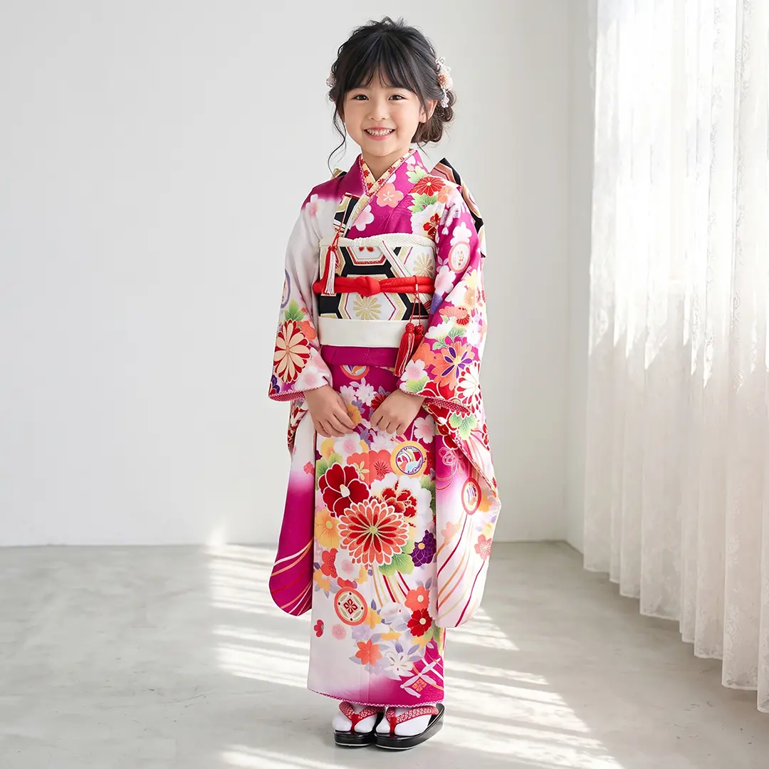 赤地と白地に百花の着物（アイボリー）／七五三・七歳女の子／着用イメージ