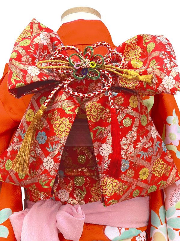 七五三 着物セット オレンジ色 花柄＋作り帯 オレンジ地に牡丹づくしの着物（ピンク）／七五三・七歳女の子