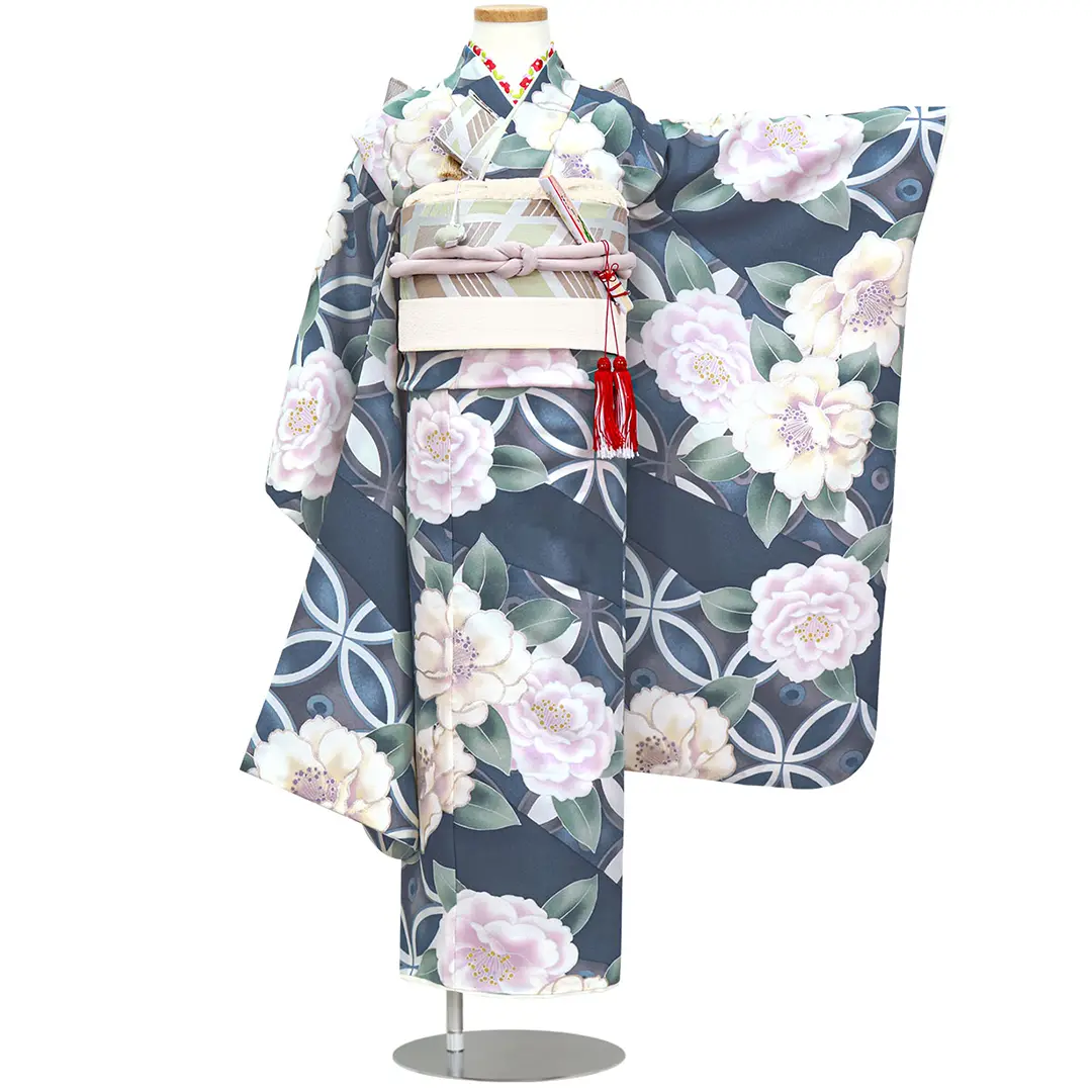 青に枝垂れ桜が美しい着物に白シルバーのだらりの帯セット 青に枝垂れ桜が美しい着物に白シルバーのだらりの帯セット 青に