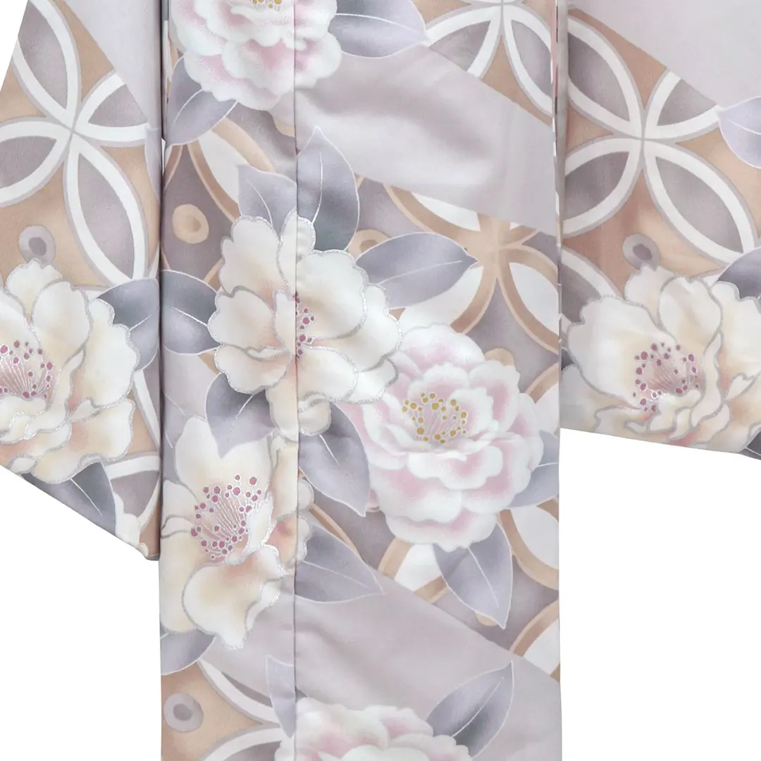 アイスグレー地にピンクと白椿の着物（ピンク）／七五三・七歳女の子