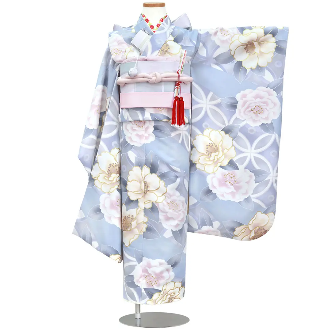 七五三　正絹　水色とピンクの着物 水色地にピンクと白椿の着物（ピンク）／七五三・七歳女の子