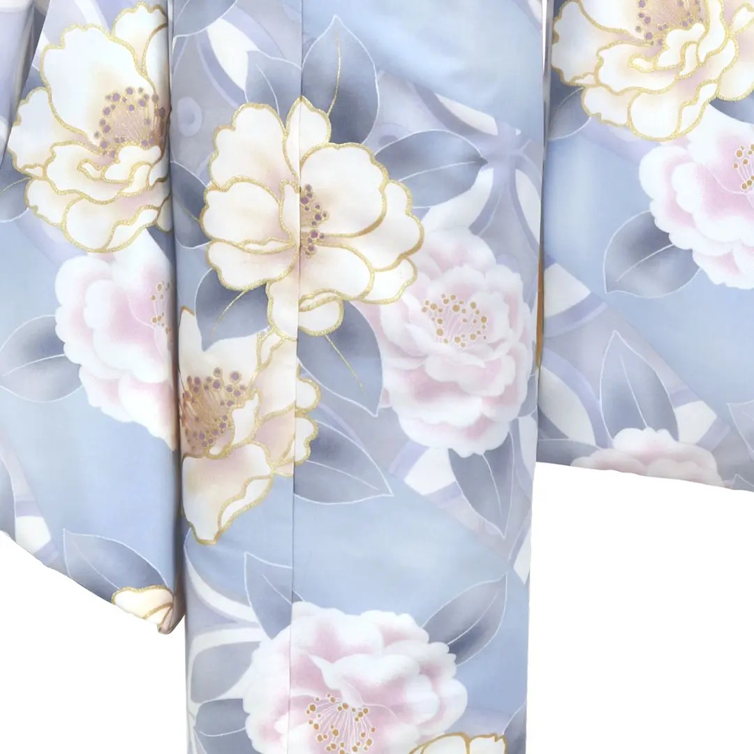 水色地にピンクと白椿の着物（ピンク）／七五三・七歳女の子 | 宅配