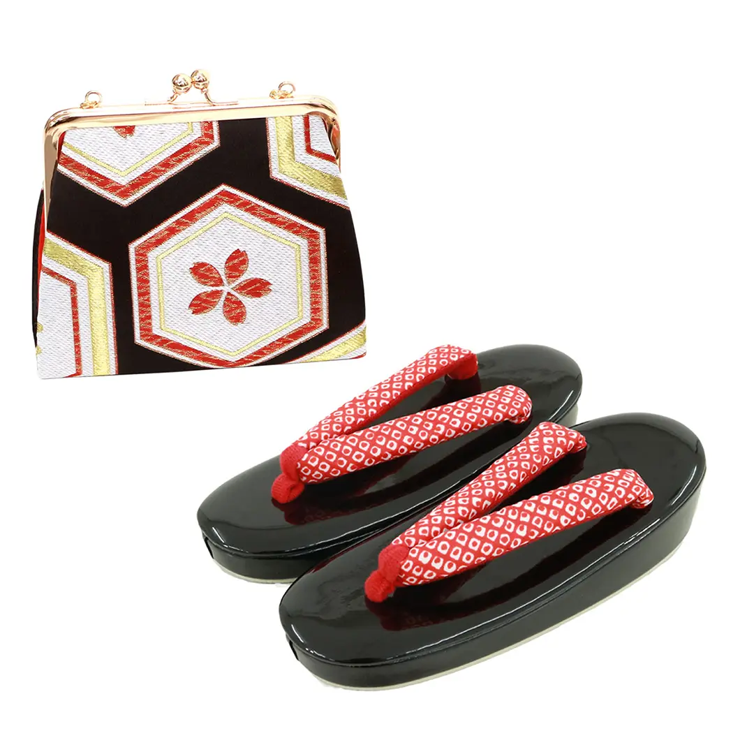 赤と白地に花丸文の着物（黒帯に紫）／七五三・七歳女の子 | 宅配着物