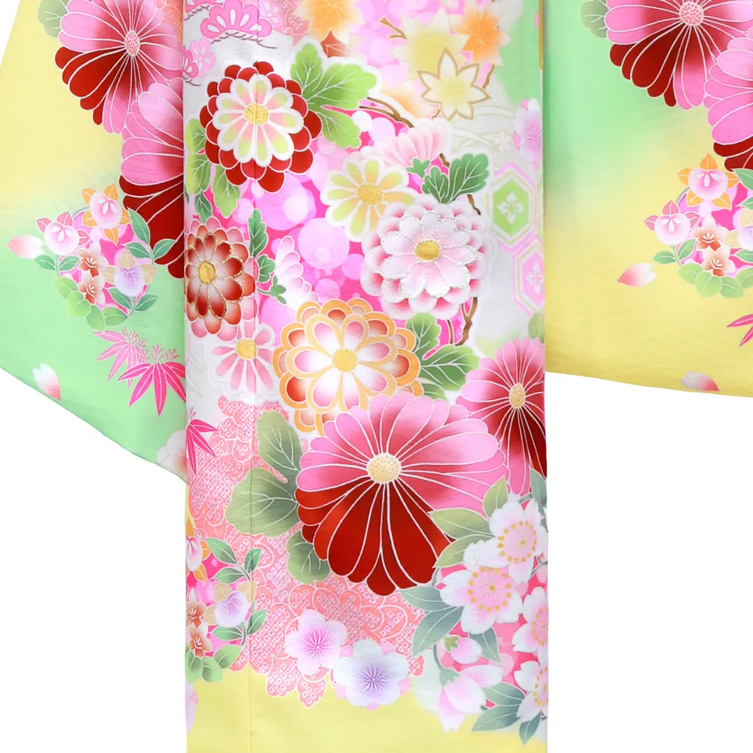 七五三用 子供用着物 グリーン系黄色とピンクの花柄130 七五三用 子供