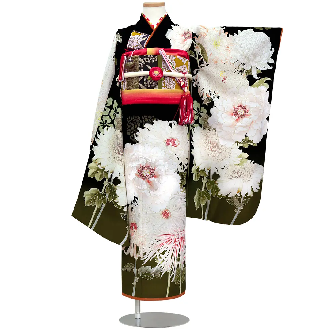 芸艸堂》大輪の牡丹と菊の着物（黒）／七五三・七歳女の子