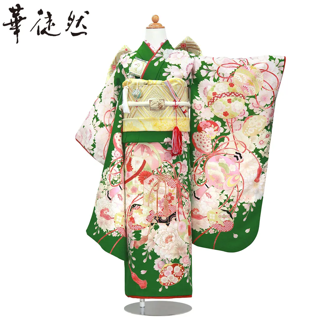 華徒然》水色地に牡丹と檜扇の着物／七五三・七歳女の子 | 宅配