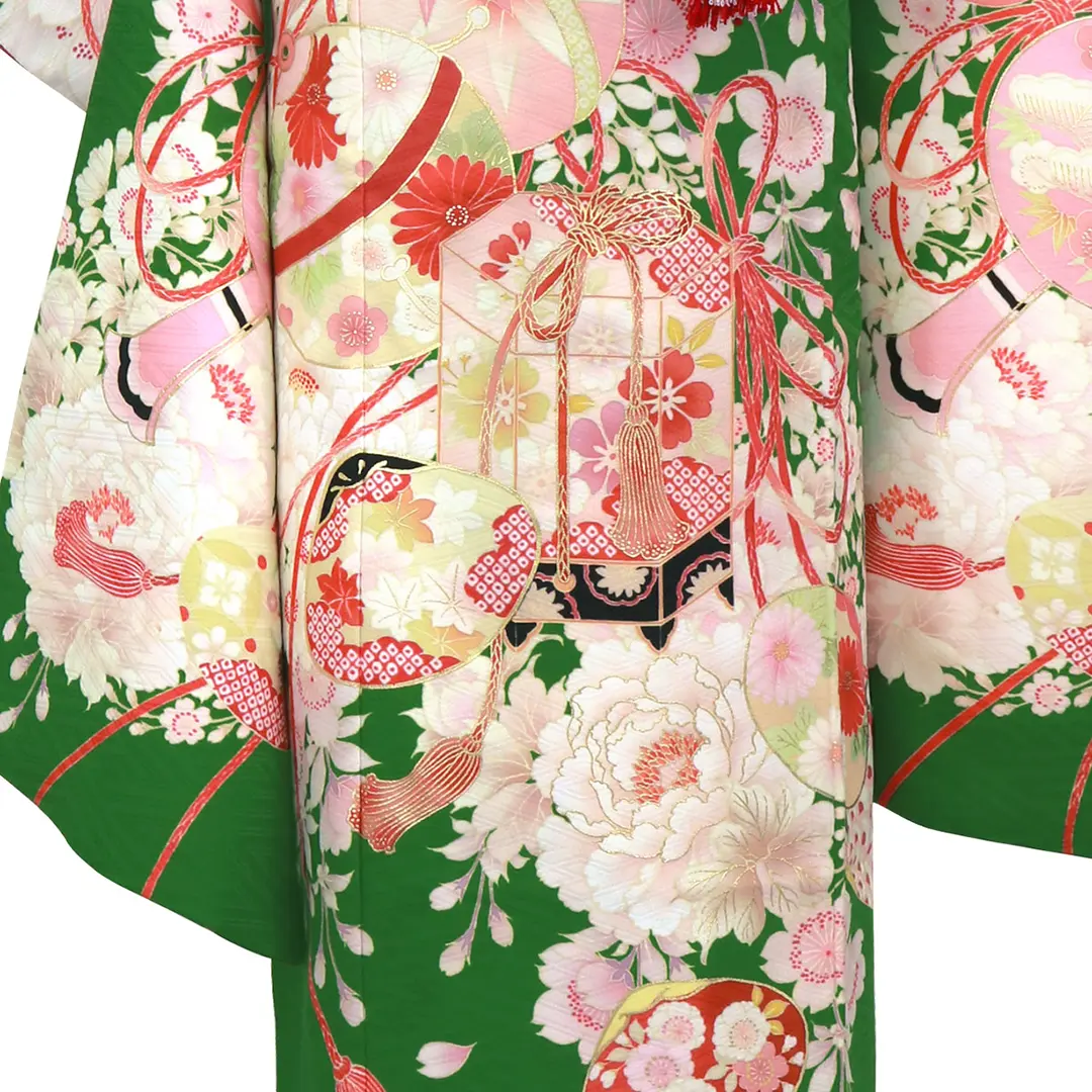 七五三着物レンタル／《華徒然》桜と薬玉・鞠・貝合の着物（緑）／七歳