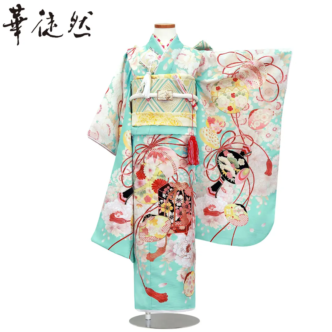 405ag24■七五三 七歳 女児 着物＆袋帯 扇に牡丹 市松文■状態良好 405ag24□七五三 七歳 女児 着物＆袋帯 扇に牡丹 市松文□状態