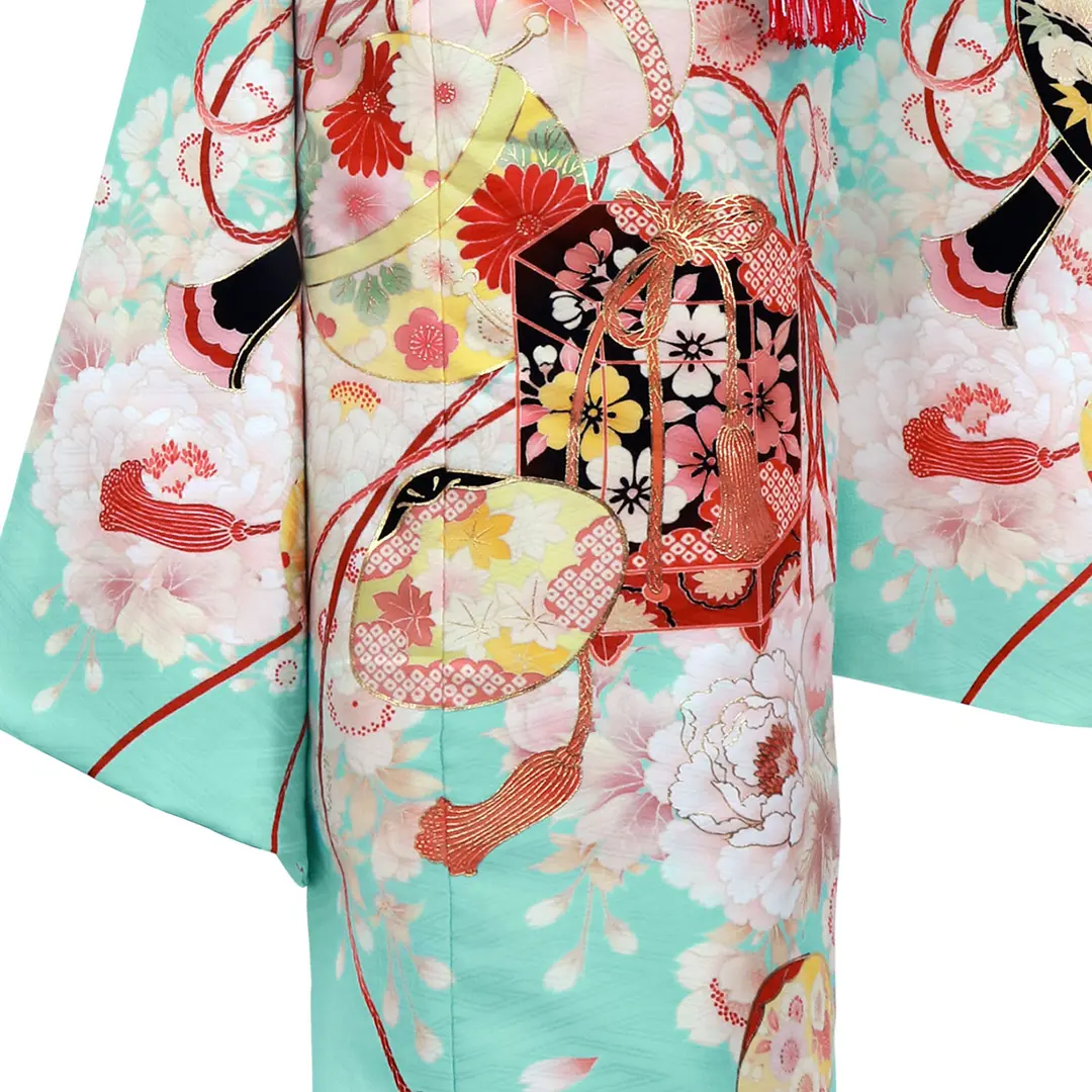 華徒然》桜と薬玉・鞠・貝合の着物（水色）／七五三・七歳女の子