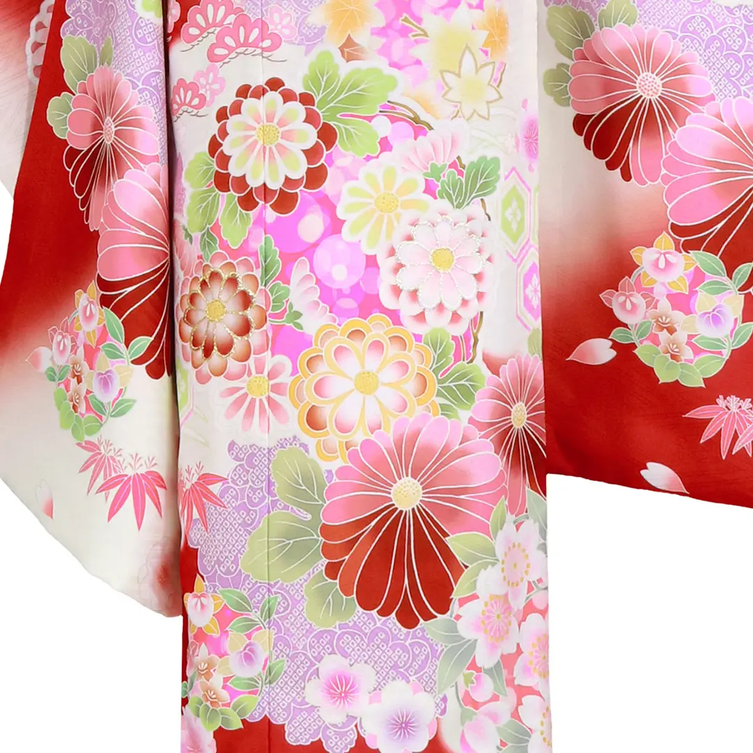 赤と白地に花丸文の着物（赤帯にピンク）／七五三・七歳女の子 | 宅配