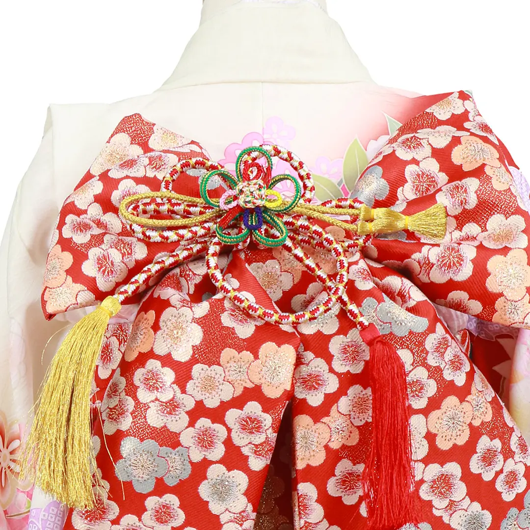 赤と白地に花丸文の着物（赤帯にピンク）／七五三・七歳女の子 | 宅配