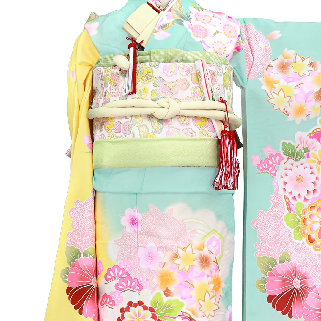 黄色と水色地に花丸文の着物（白帯にグリーン）／七五三・七歳女の子