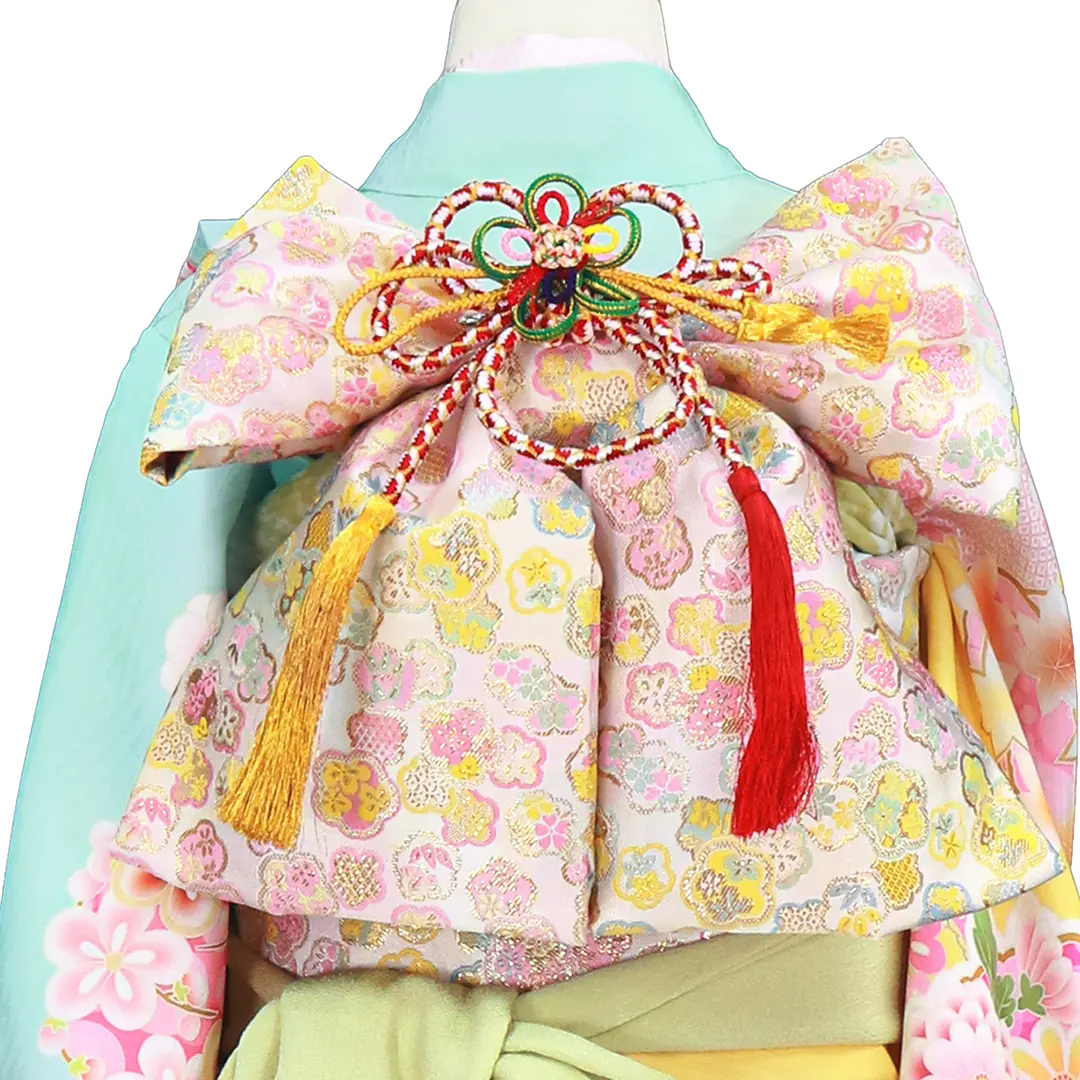 黄色と水色地に花丸文の着物（白帯にグリーン）／七五三・七歳女の子